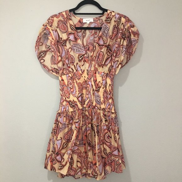 A.L.C. yellow orange brown lavender short sleeve ruched waist mini dress